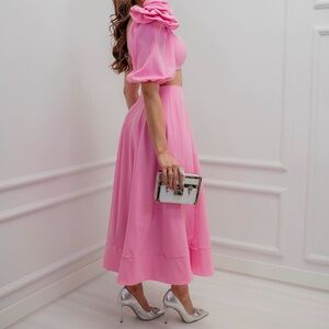 Pink Ruffled Tiered Sundress with Puff Sleeves for Cocktail